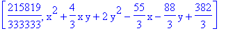 [215819/333333, x^2+4/3*x*y+2*y^2-55/3*x-88/3*y+382/3]